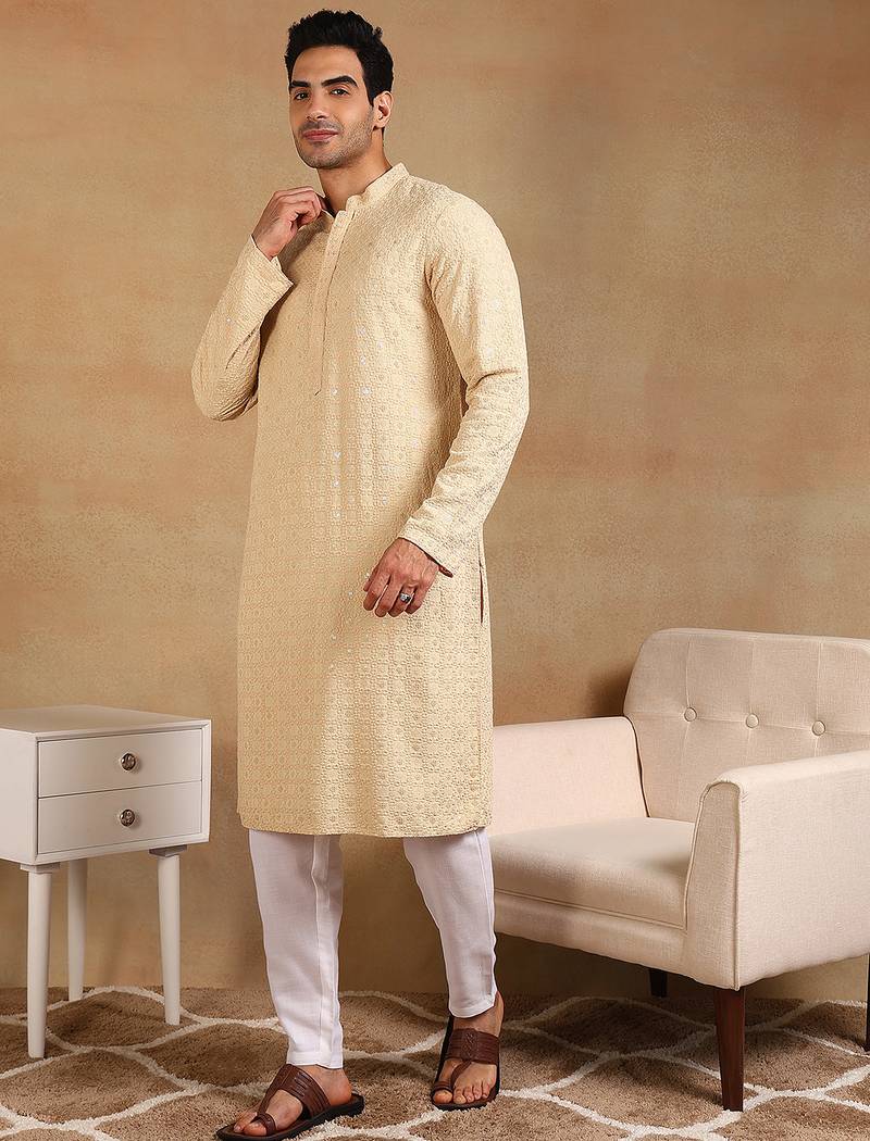 Men yellow viscose rayon solid embroidered straight kurta