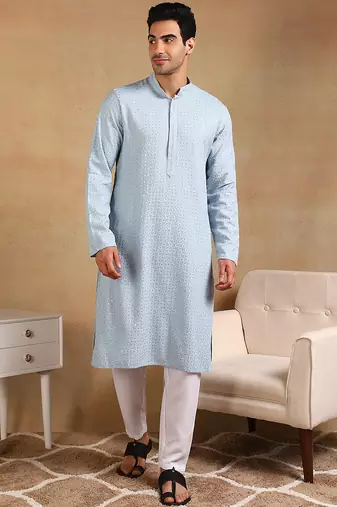 Men blue viscose rayon solid embroidered straight kurta