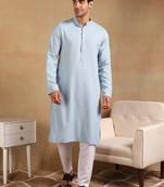 Men blue viscose rayon solid embroidered straight kurta