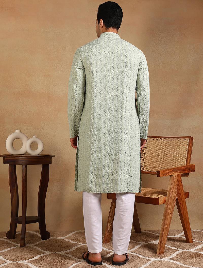 Men green viscose rayon solid embroidered straight kurta