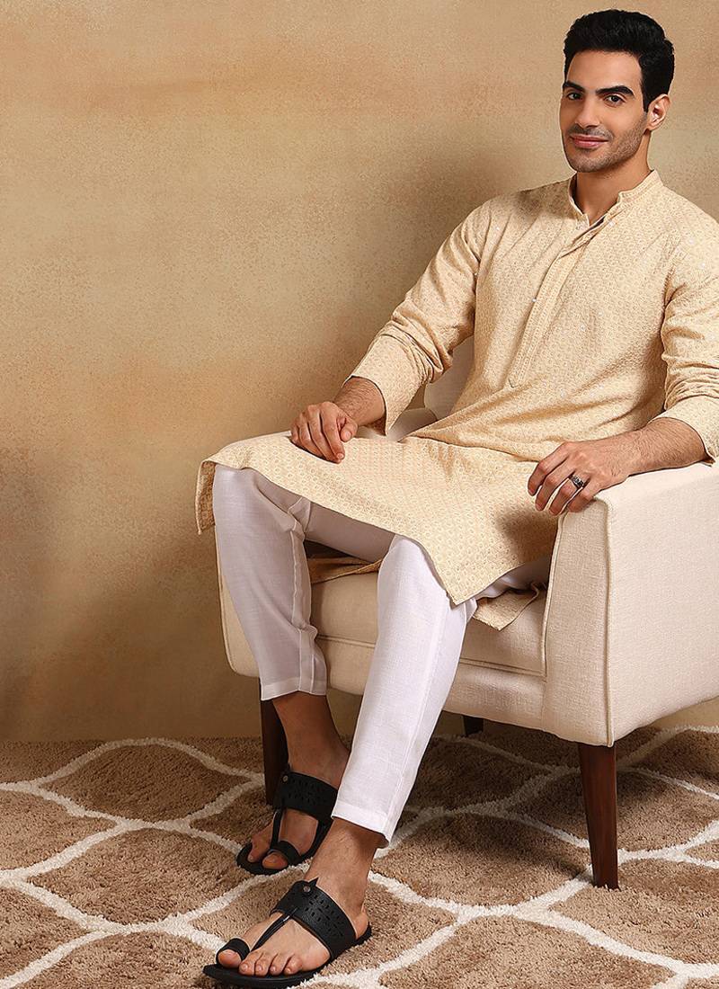 Men nude viscose rayon solid embroidered straight kurta