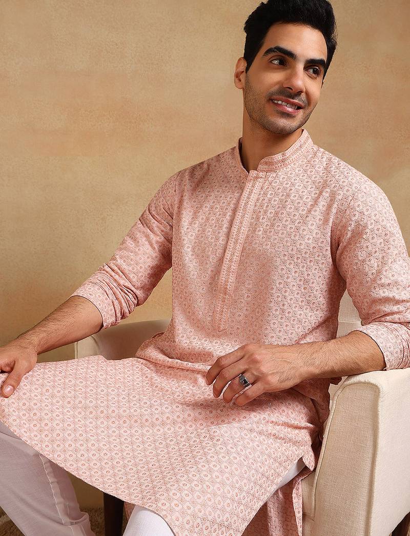 Men peach viscose rayon solid embroidered straight kurta