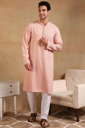 Men peach viscose rayon solid embroidered straight kurta