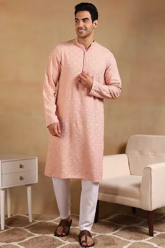 Men peach viscose rayon solid embroidered straight kurta