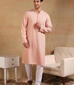 Men peach viscose rayon solid embroidered straight kurta