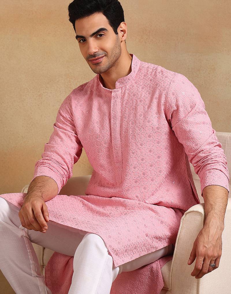 Men pink viscose rayon solid embroidered straight kurta