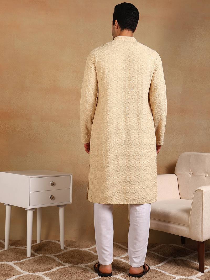 Men yellow viscose rayon solid embroidered straight kurta