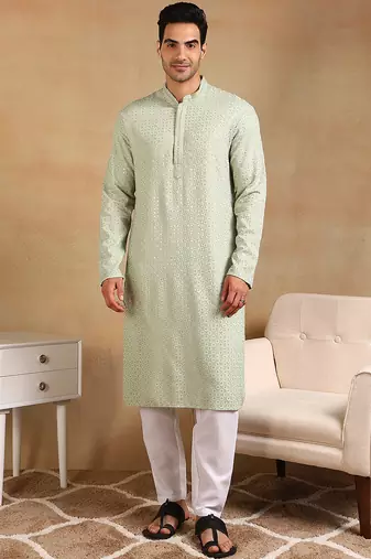 Men green viscose rayon solid embroidered straight kurta
