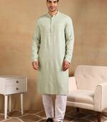 Men green viscose rayon solid embroidered straight kurta