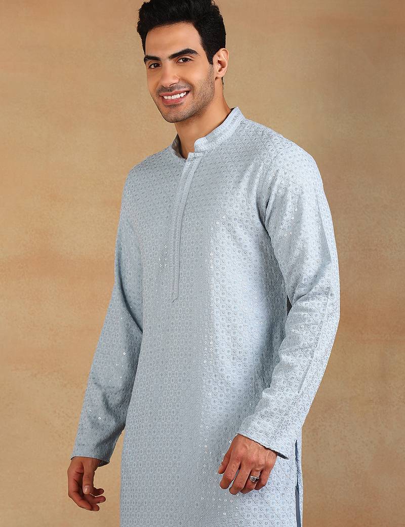 Men blue viscose rayon solid embroidered straight kurta