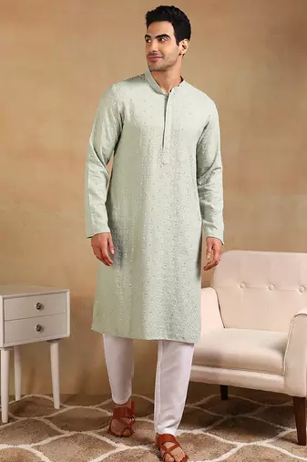 Men green viscose rayon solid embroidered straight kurta