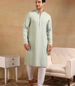 Men green viscose rayon solid embroidered straight kurta