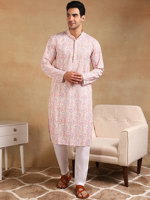 men peach viscose rayon kurta with embroidery 1