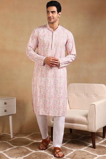 men peach viscose rayon kurta with embroidery