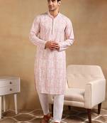 Men peach viscose rayon ethnic motifs embroidered straight kurta