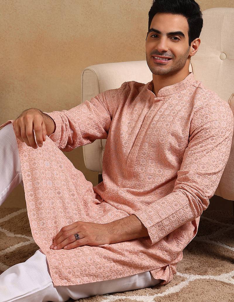 Men peach viscose rayon solid embroidered straight kurta