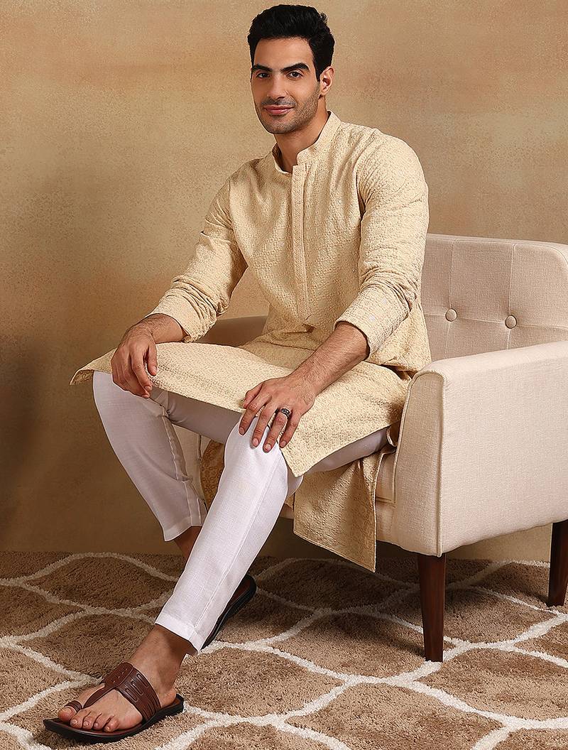 Men yellow viscose rayon solid embroidered straight kurta