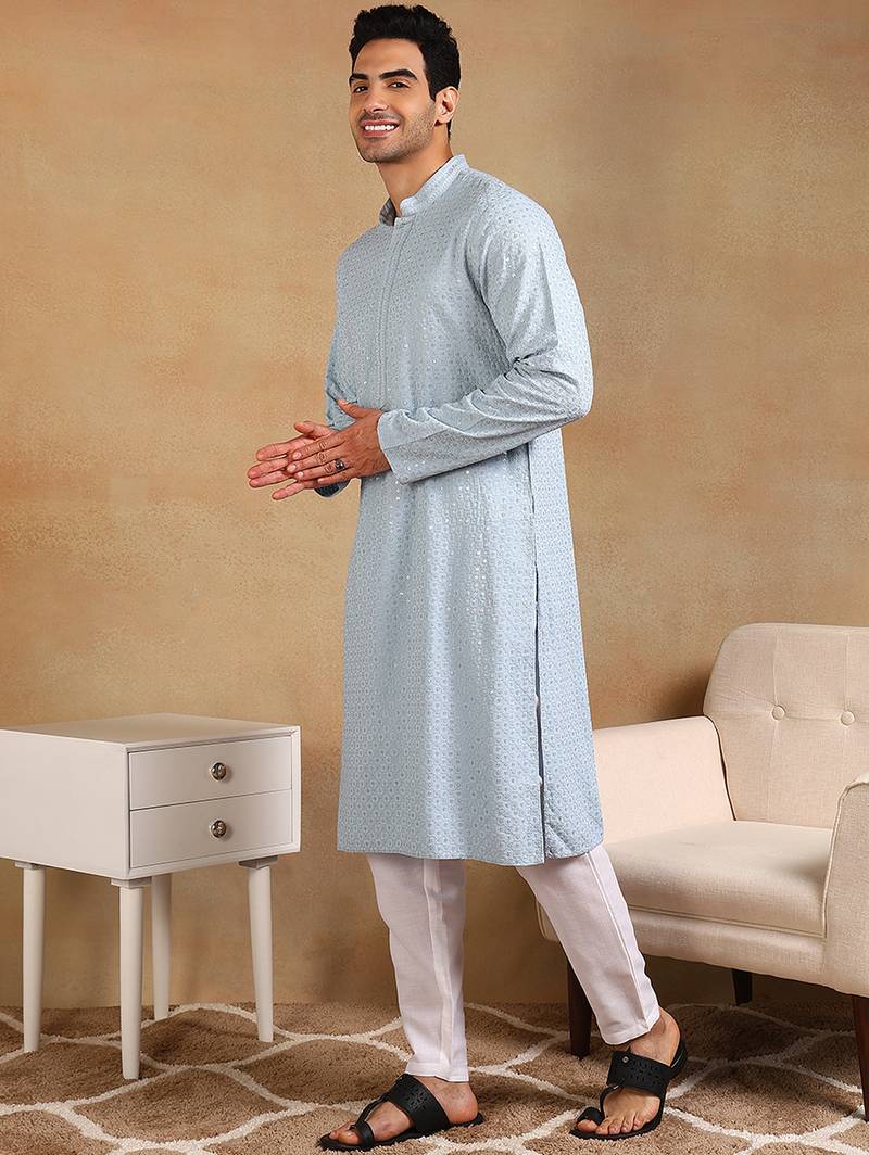 Men blue viscose rayon solid embroidered straight kurta