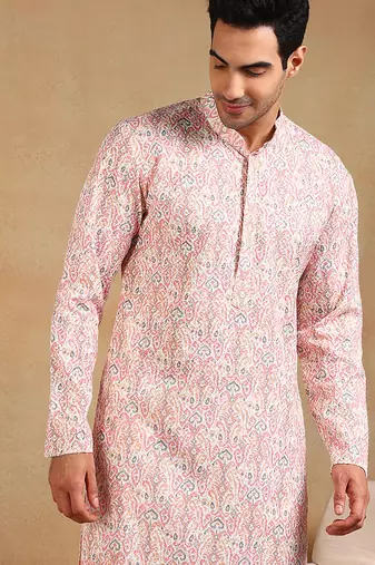 men peach viscose rayon kurta with embroidery