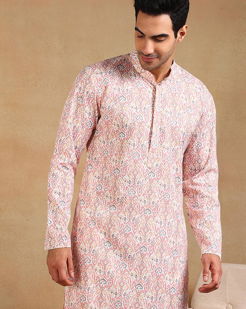 Men peach viscose rayon ethnic motifs embroidered straight kurta