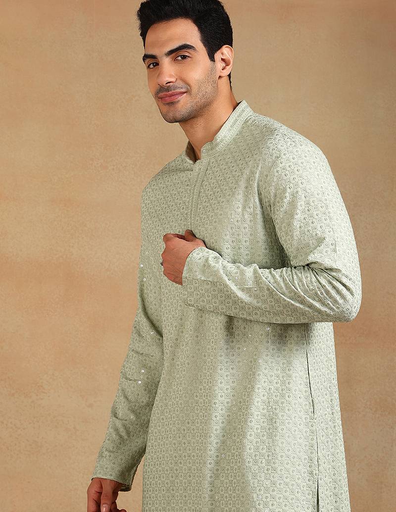 Men green viscose rayon solid embroidered straight kurta