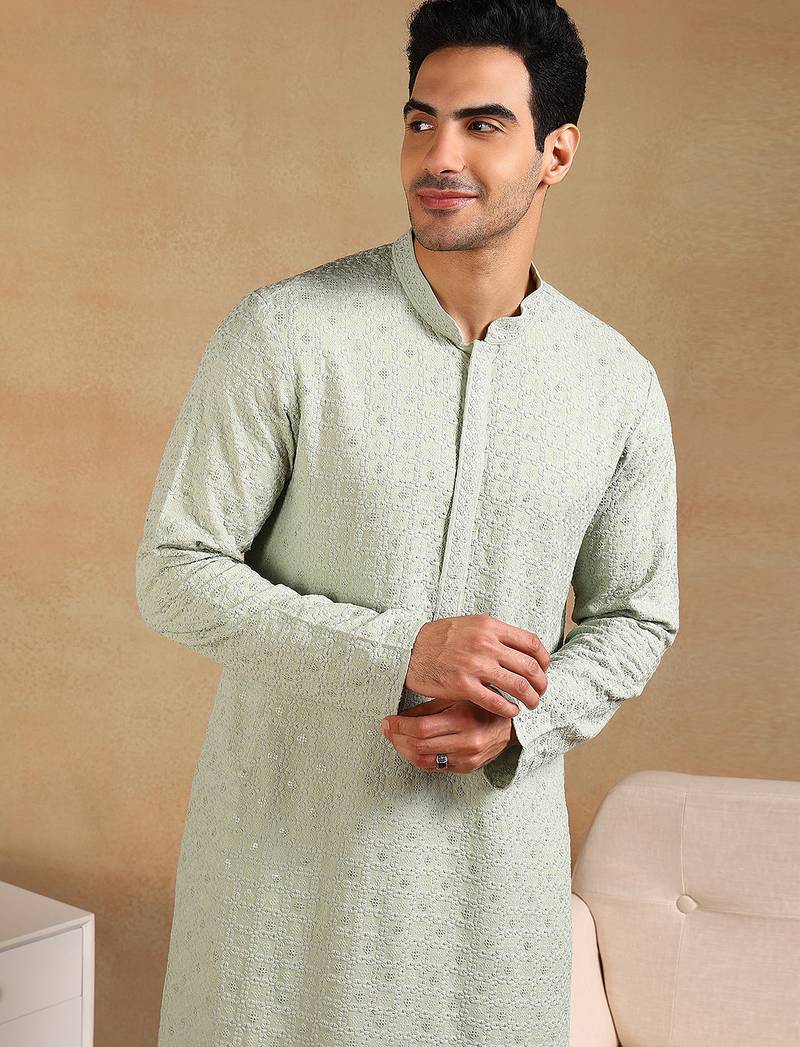 Men green viscose rayon solid embroidered straight kurta