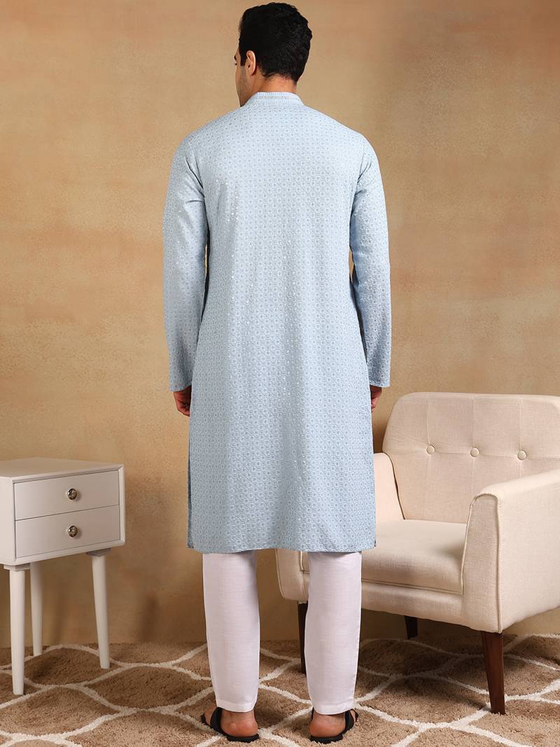 Men blue viscose rayon solid embroidered straight kurta
