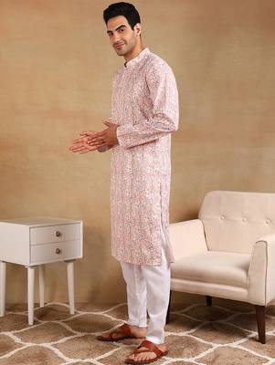 men peach viscose rayon kurta with embroidery 3