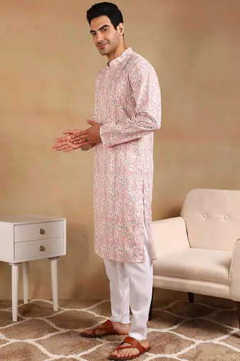 men peach viscose rayon kurta with embroidery