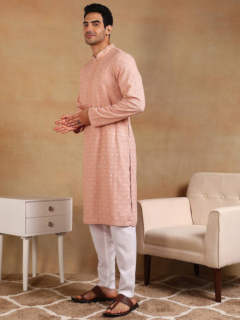 Men peach viscose rayon solid embroidered straight kurta