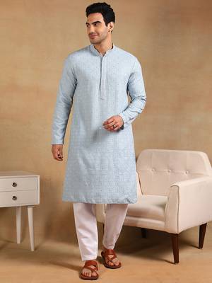 blue viscose rayon straight kurta with embroidered detail 1