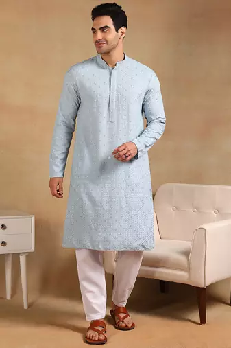 Men blue viscose rayon solid embroidered straight kurta