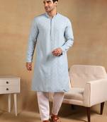 Men blue viscose rayon solid embroidered straight kurta