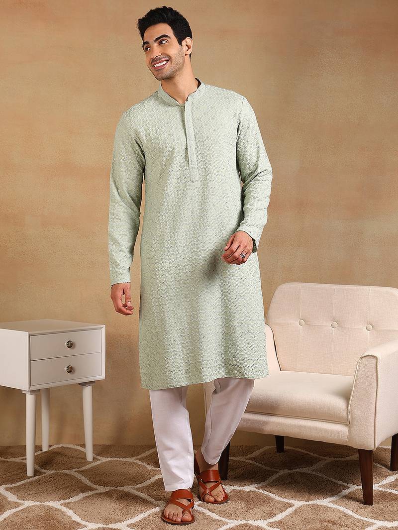 Men green viscose rayon solid embroidered straight kurta