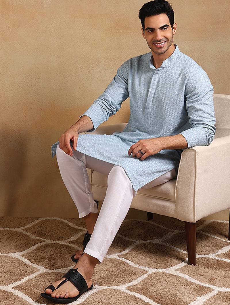 Men blue viscose rayon solid embroidered straight kurta