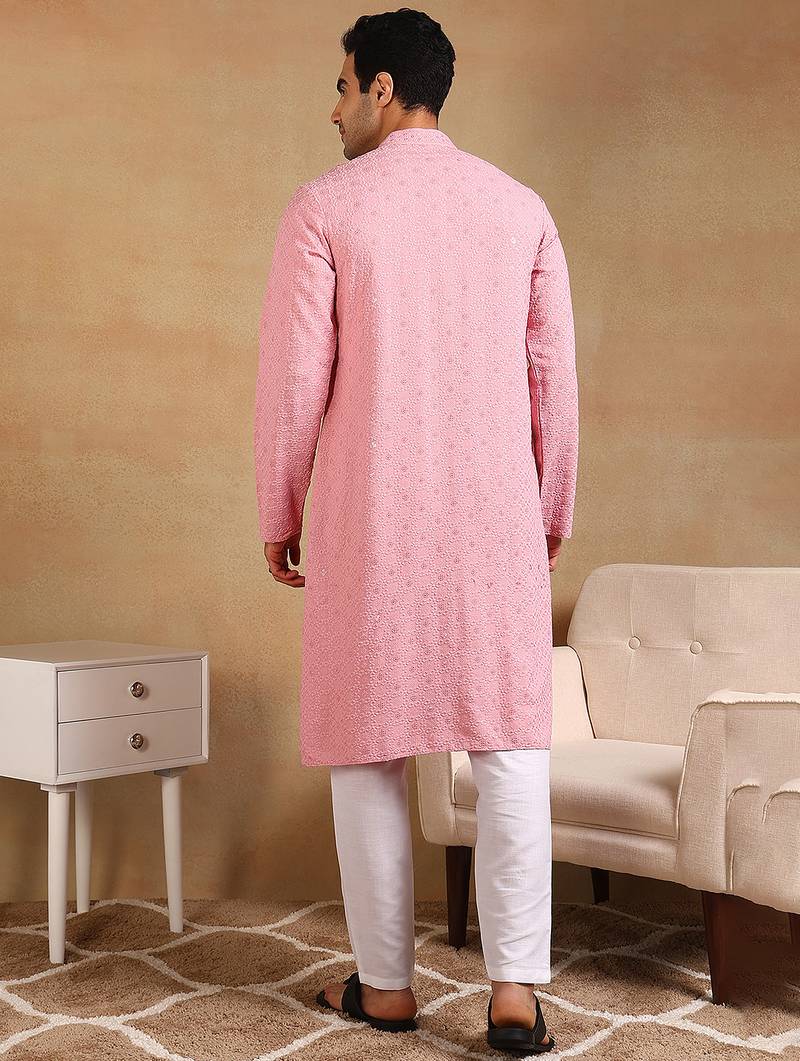 Men pink viscose rayon solid embroidered straight kurta