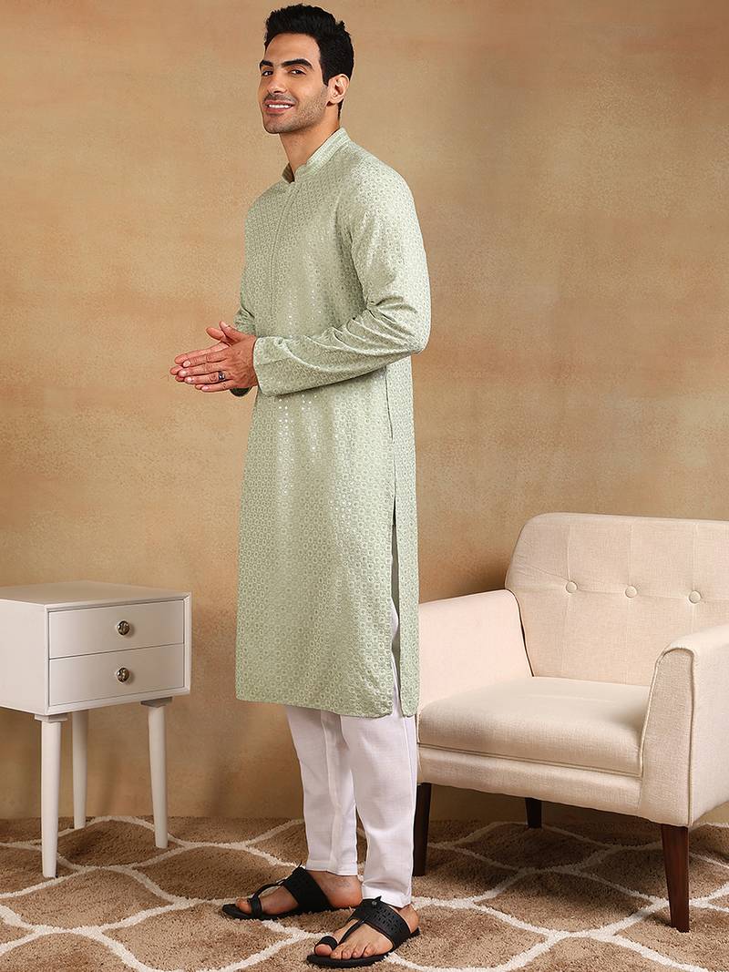 Men green viscose rayon solid embroidered straight kurta