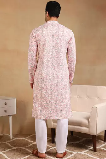 men peach viscose rayon kurta with embroidery