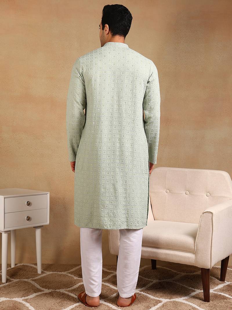 Men green viscose rayon solid embroidered straight kurta