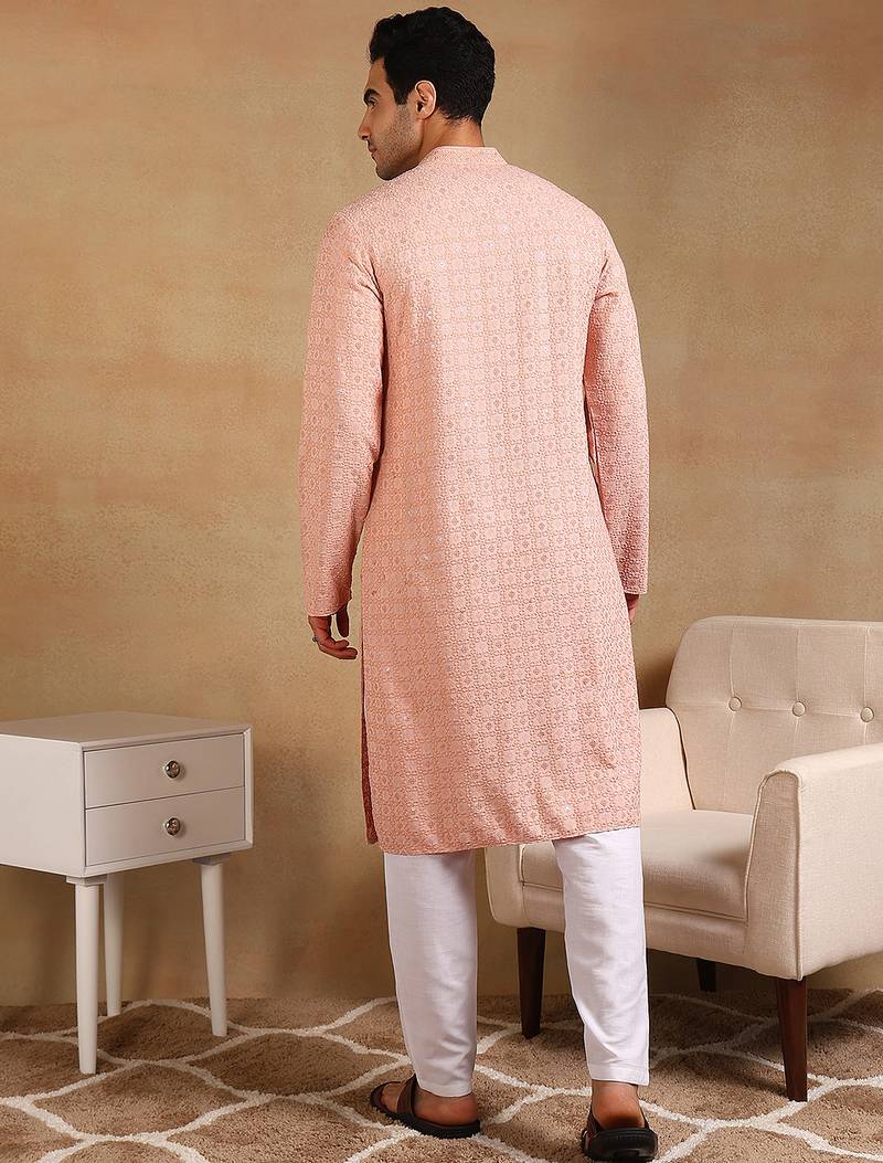 Men peach viscose rayon solid embroidered straight kurta