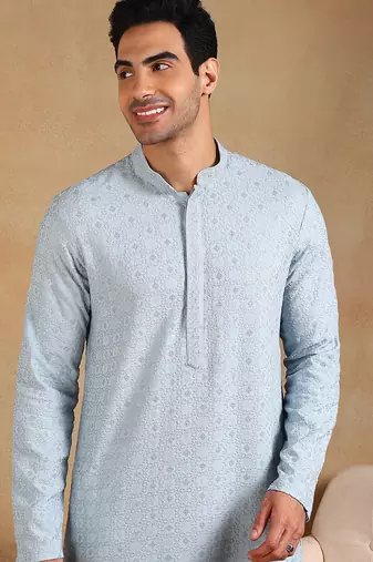 blue viscose rayon straight kurta with embroidered detail