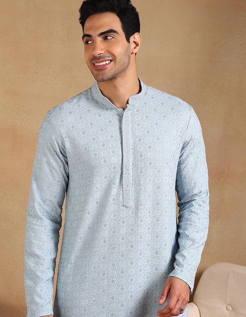 Men blue viscose rayon solid embroidered straight kurta