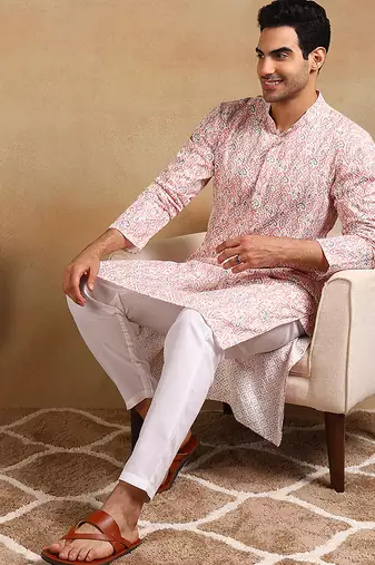 men peach viscose rayon kurta with embroidery