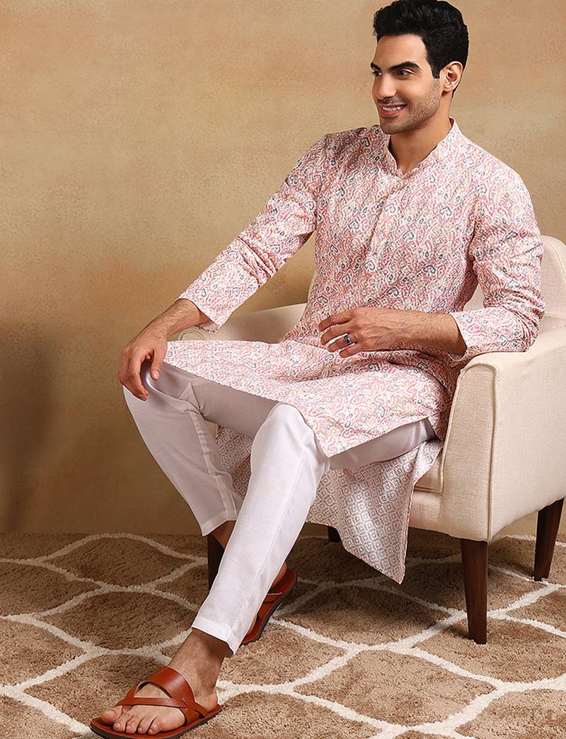 Men peach viscose rayon ethnic motifs embroidered straight kurta