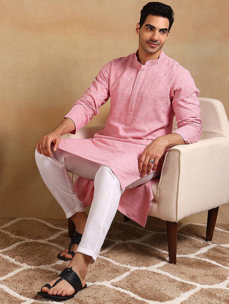 Men pink viscose rayon solid embroidered straight kurta