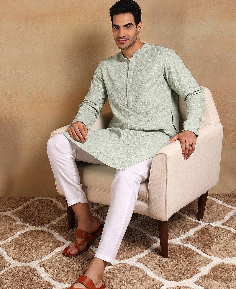Men green viscose rayon solid embroidered straight kurta