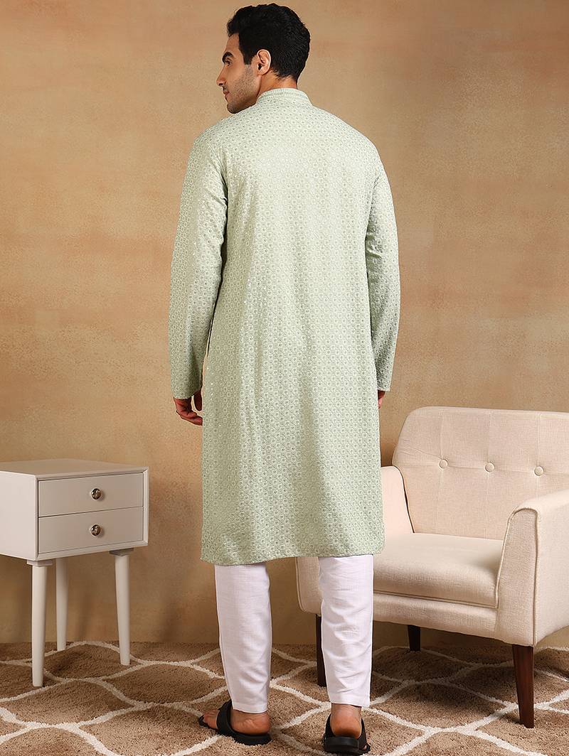 Men green viscose rayon solid embroidered straight kurta