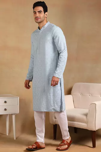 blue viscose rayon straight kurta with embroidered detail