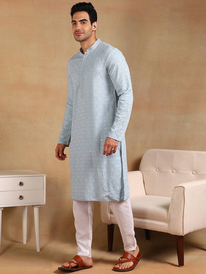 Men blue viscose rayon solid embroidered straight kurta