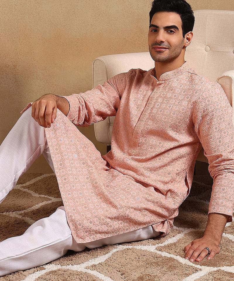 Men peach viscose rayon solid embroidered straight kurta